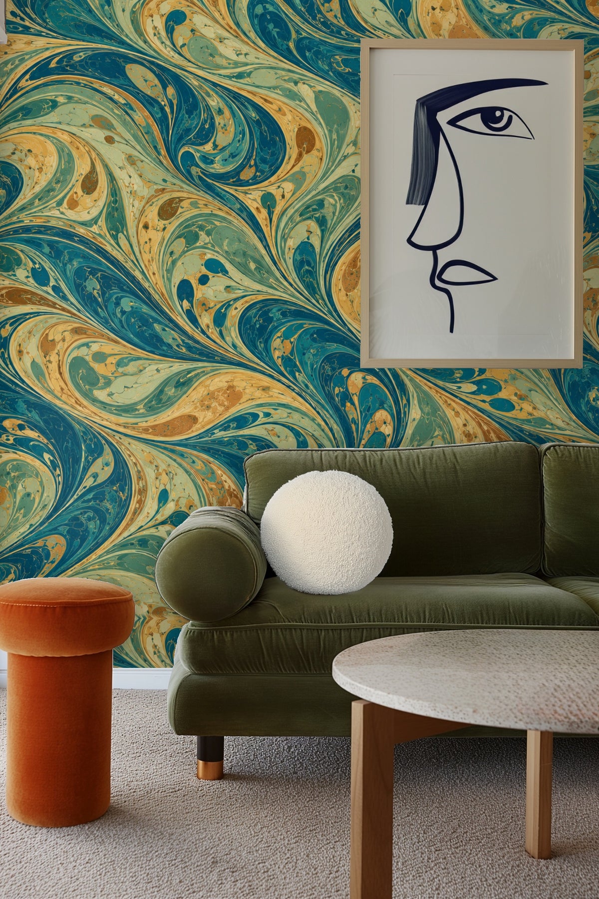 Living area accent wall with Peacock Marble Braid wallpaper adding depth and color