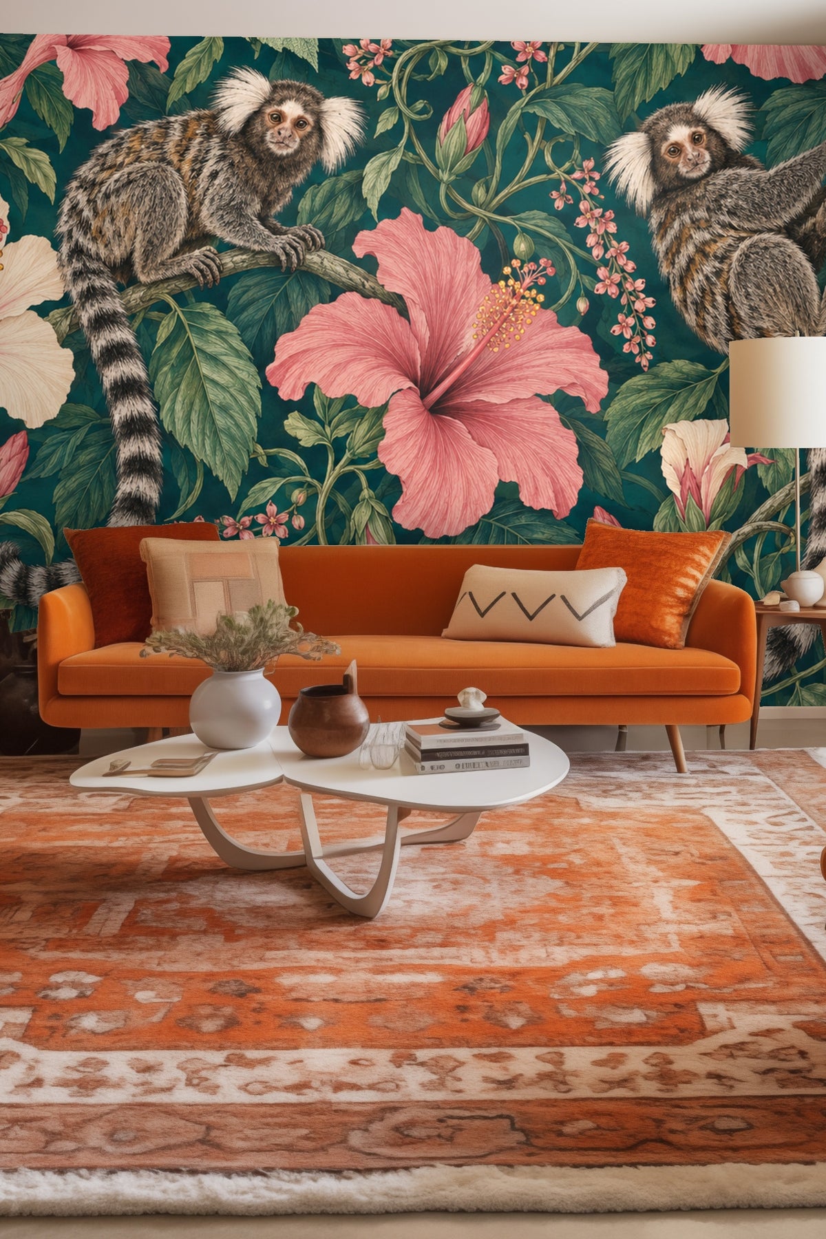 Wallpaper detail showing marmosets among pink and cream hibiscus flowers on a deep petrol backdrop