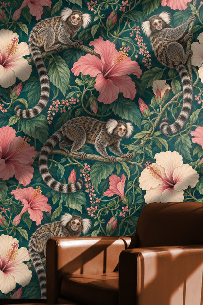 Artwork showing balanced composition of animals and flowers in tropical setting