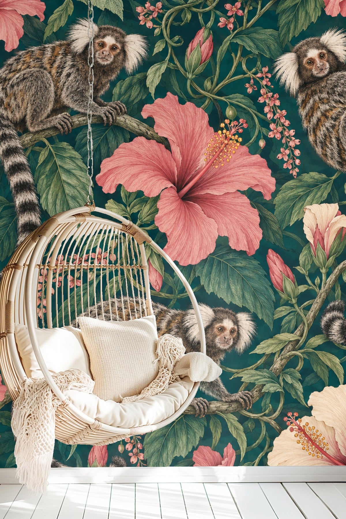 Living room with orange sofa against wallpaper of petrol hibiscus and marmosets
