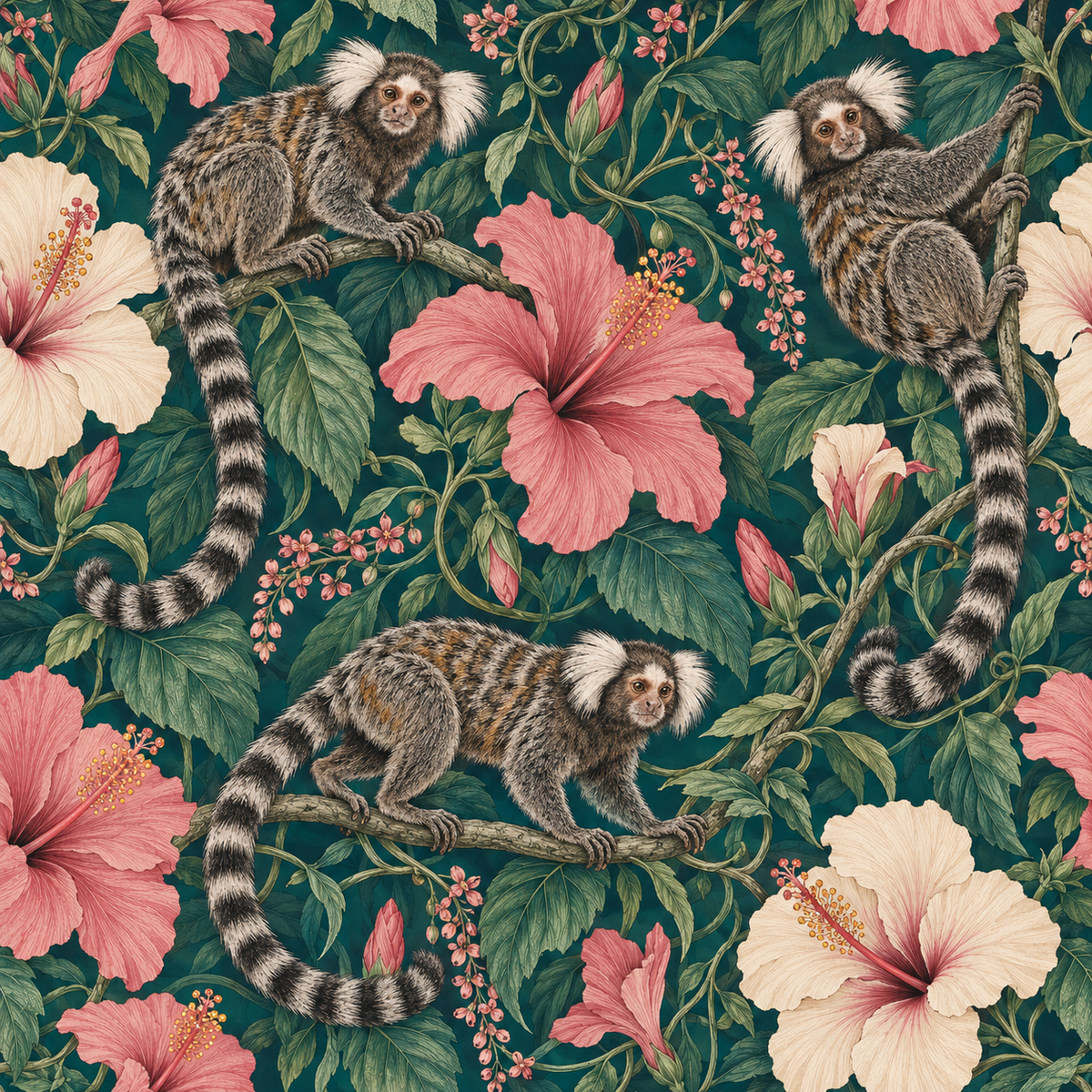 Section of wallpaper illustrating delicate botanical line detail and rich color palette