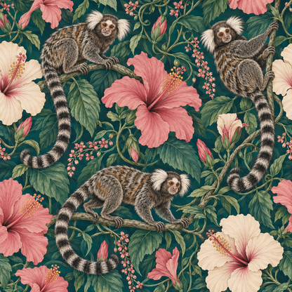 Section of wallpaper illustrating delicate botanical line detail and rich color palette