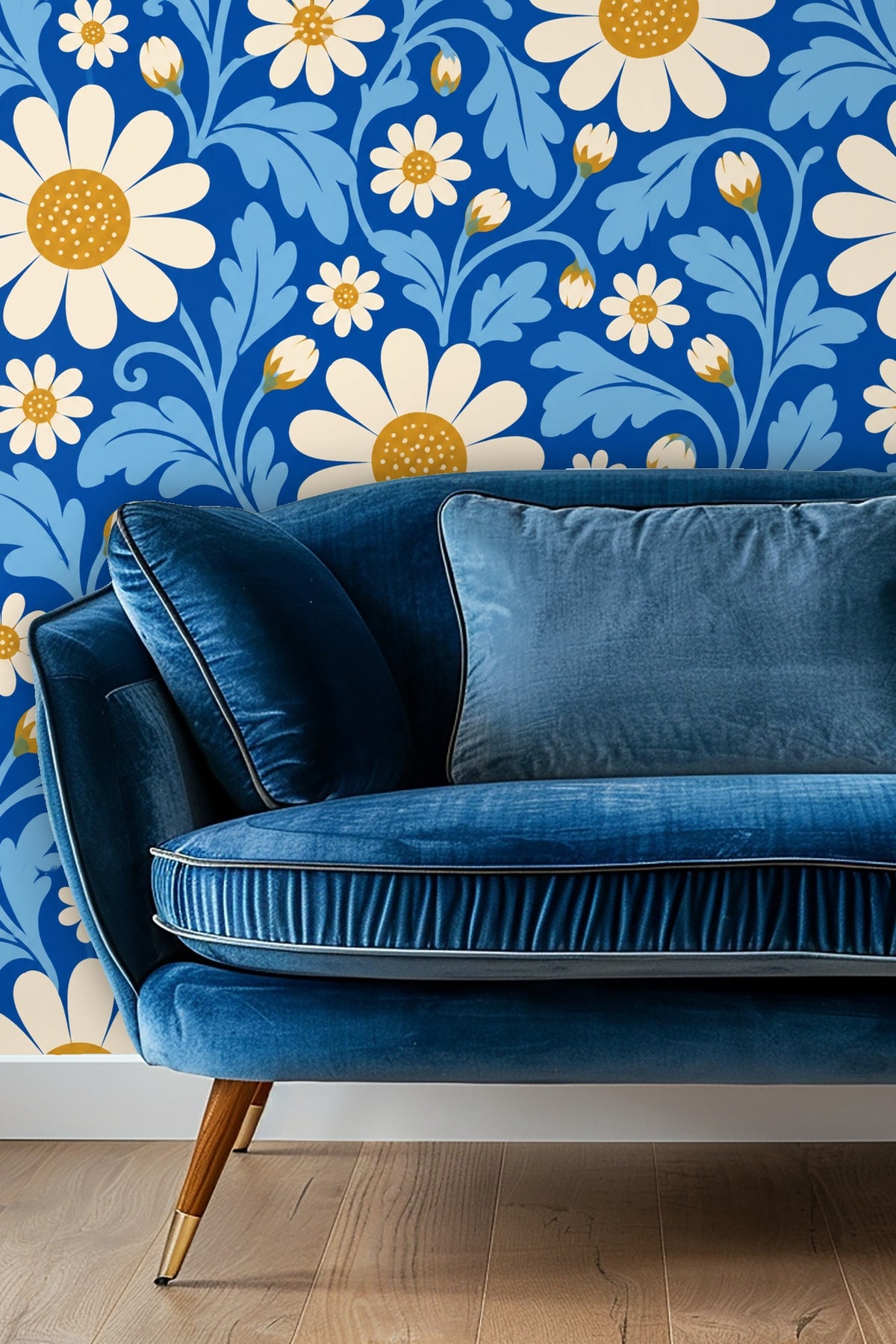 Bedroom wall with high angled ceiling adorned with wallpaper of white daisies on blue, flanked by windows