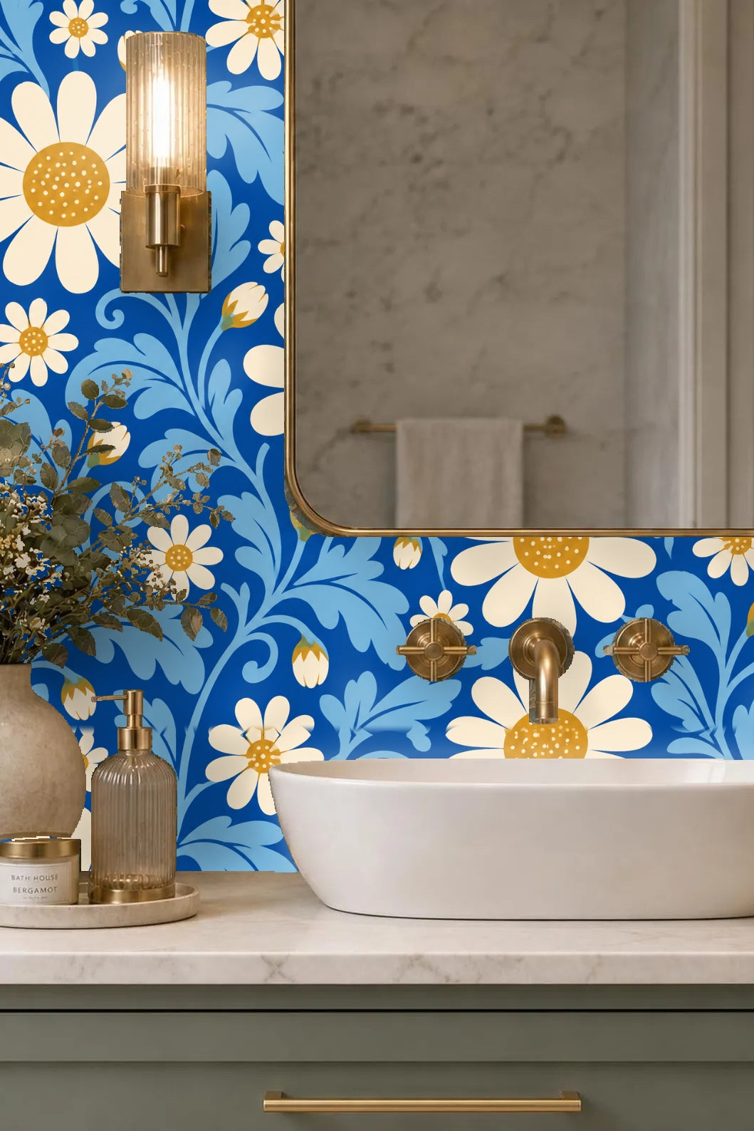 Wallpaper installed behind modern bed with natural wood frame