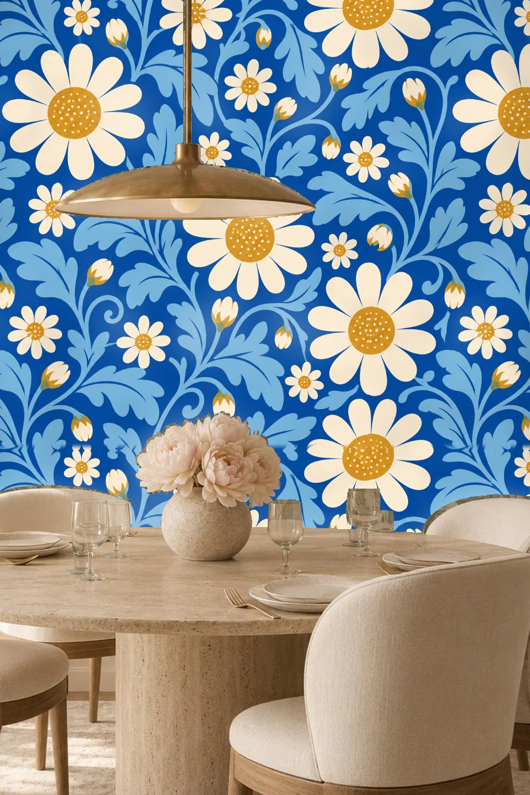 Blue leaves curling in folk art style with daisy buds on wallpaper