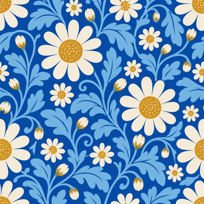 Artistic wallpaper with combination of small and large daisy patterns in blue and white palette