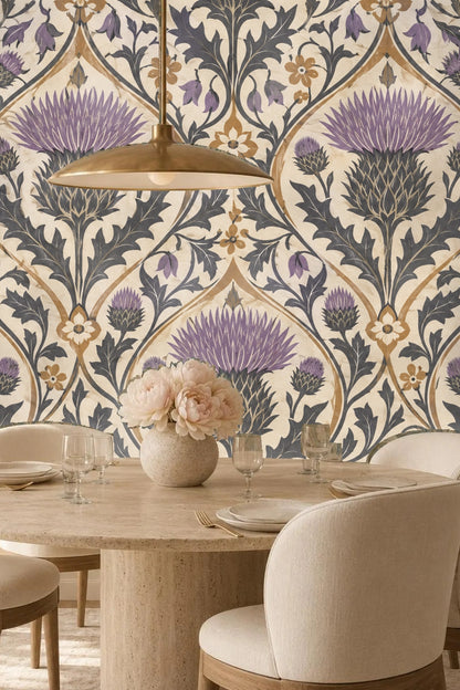 Shelves adorned with woven baskets against the botanical wallpaper