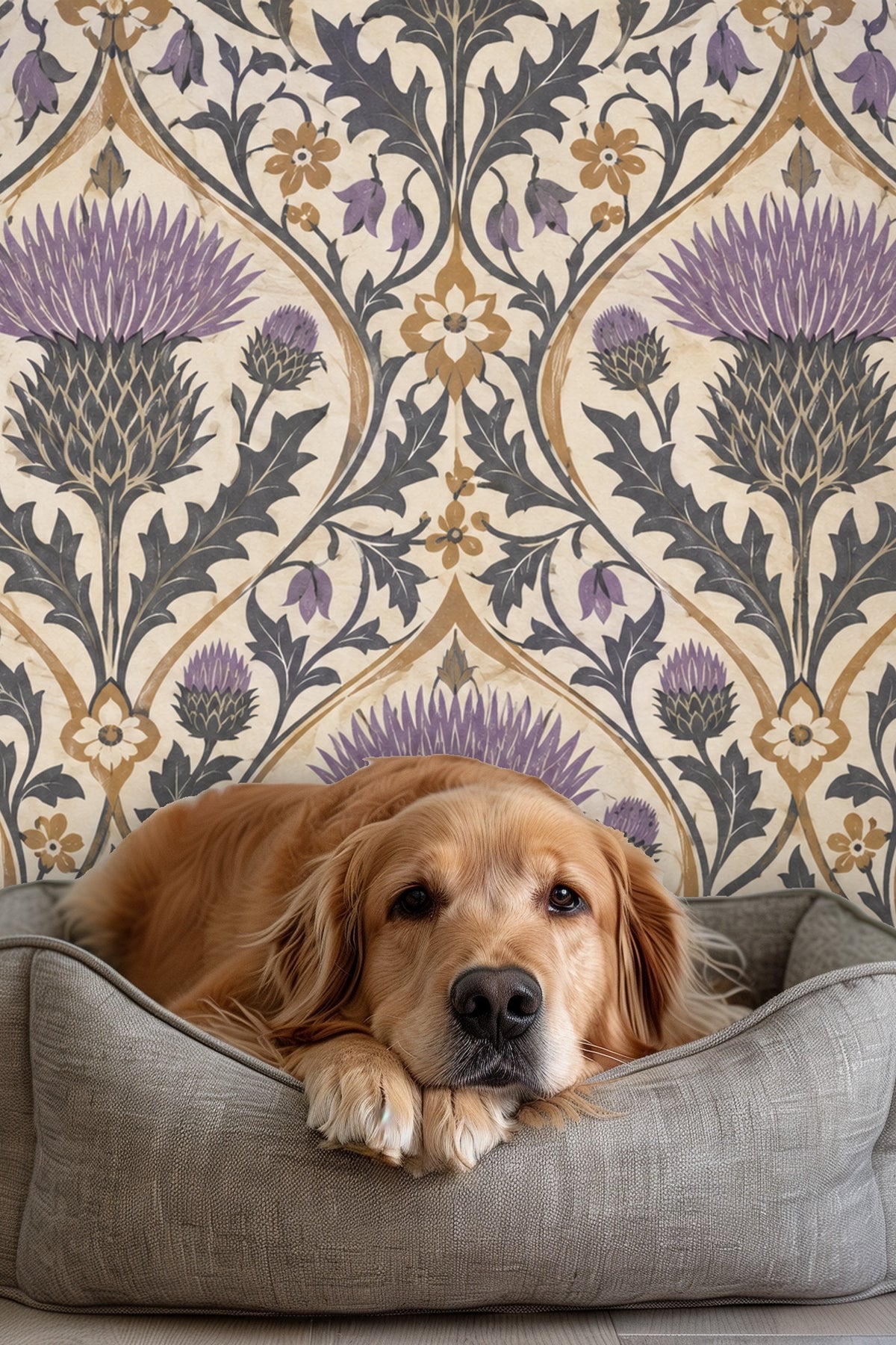 Close-up of the thistle flower motif with sharp leaves in purple and charcoal