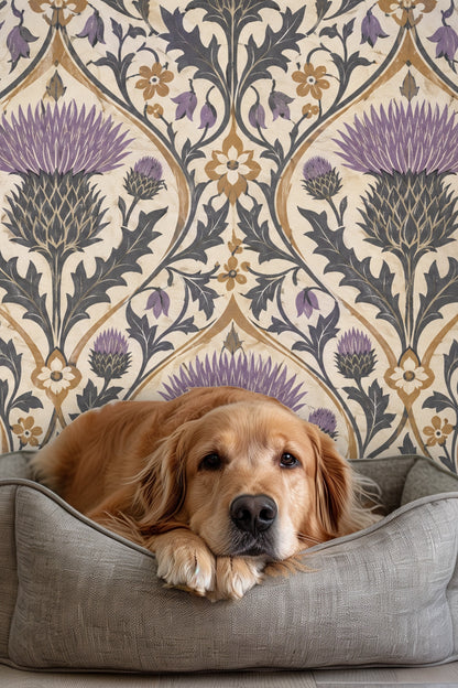Close-up of the thistle flower motif with sharp leaves in purple and charcoal