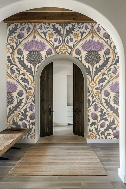 Detailed view of the Thistle Crown Tile wallpaper artwork showing purple thistles and ochre accents on parchment background