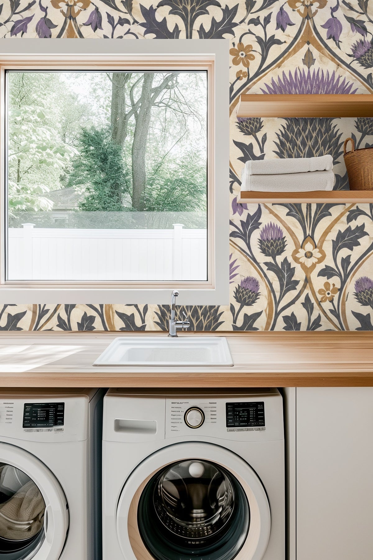 Entryway featuring Thistle Crown Tile wallpaper highlighting the archway and dark wood doors