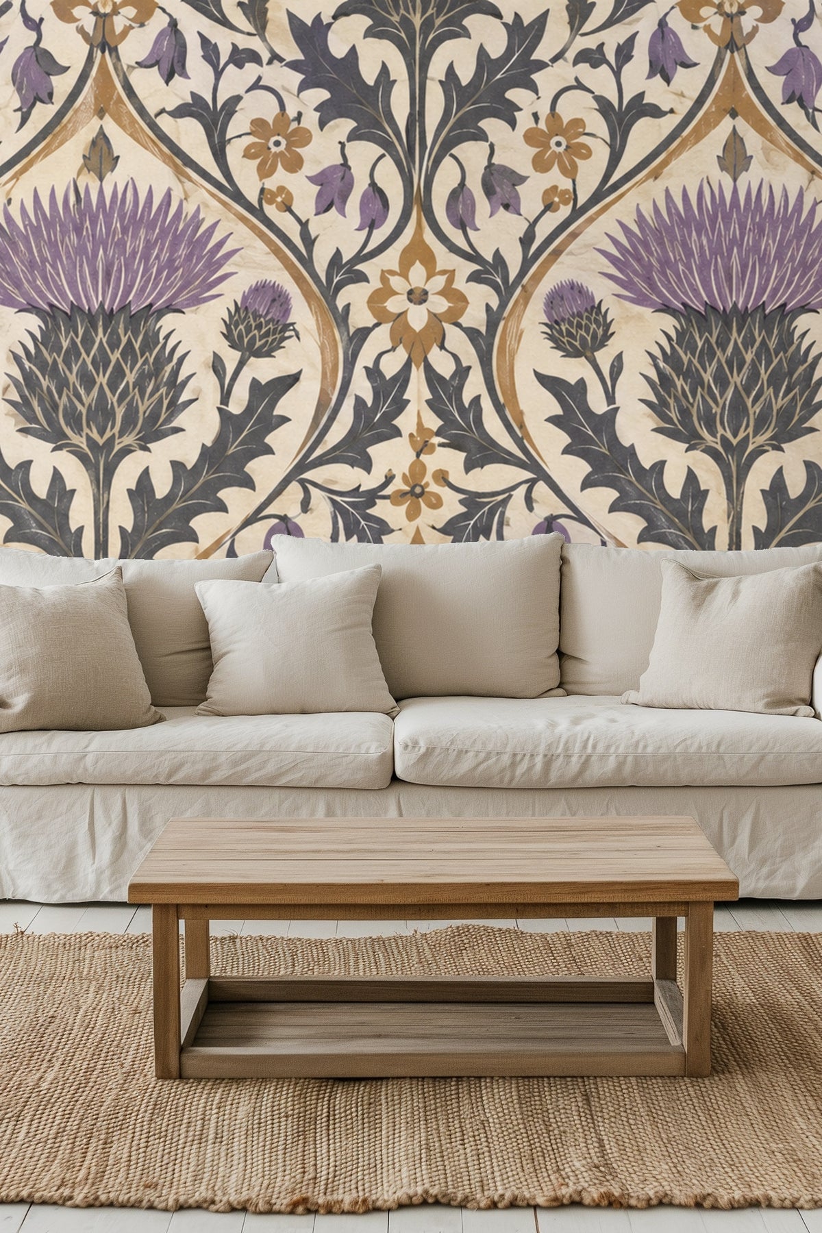 Pattern repeat showing intertwined vines and floral accents in ochre and purple
