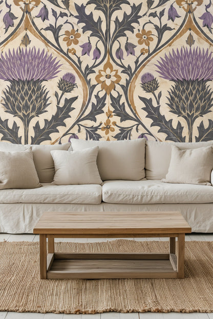 Pattern repeat showing intertwined vines and floral accents in ochre and purple