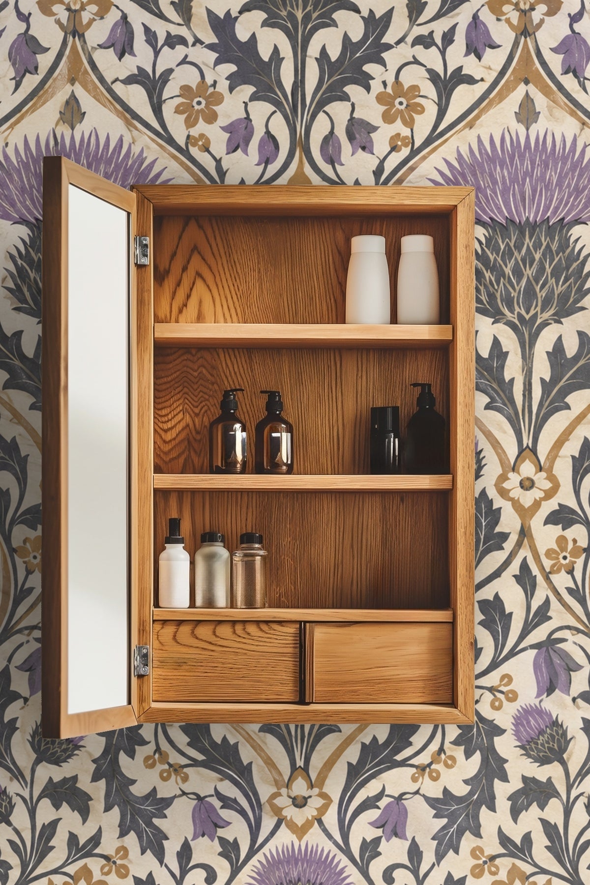 Laundry room with Thistle Crown Tile wallpaper behind a sink and shelves with towels
