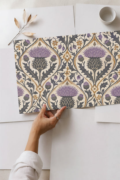 Floral pattern with symmetrical medallion shapes in muted colors