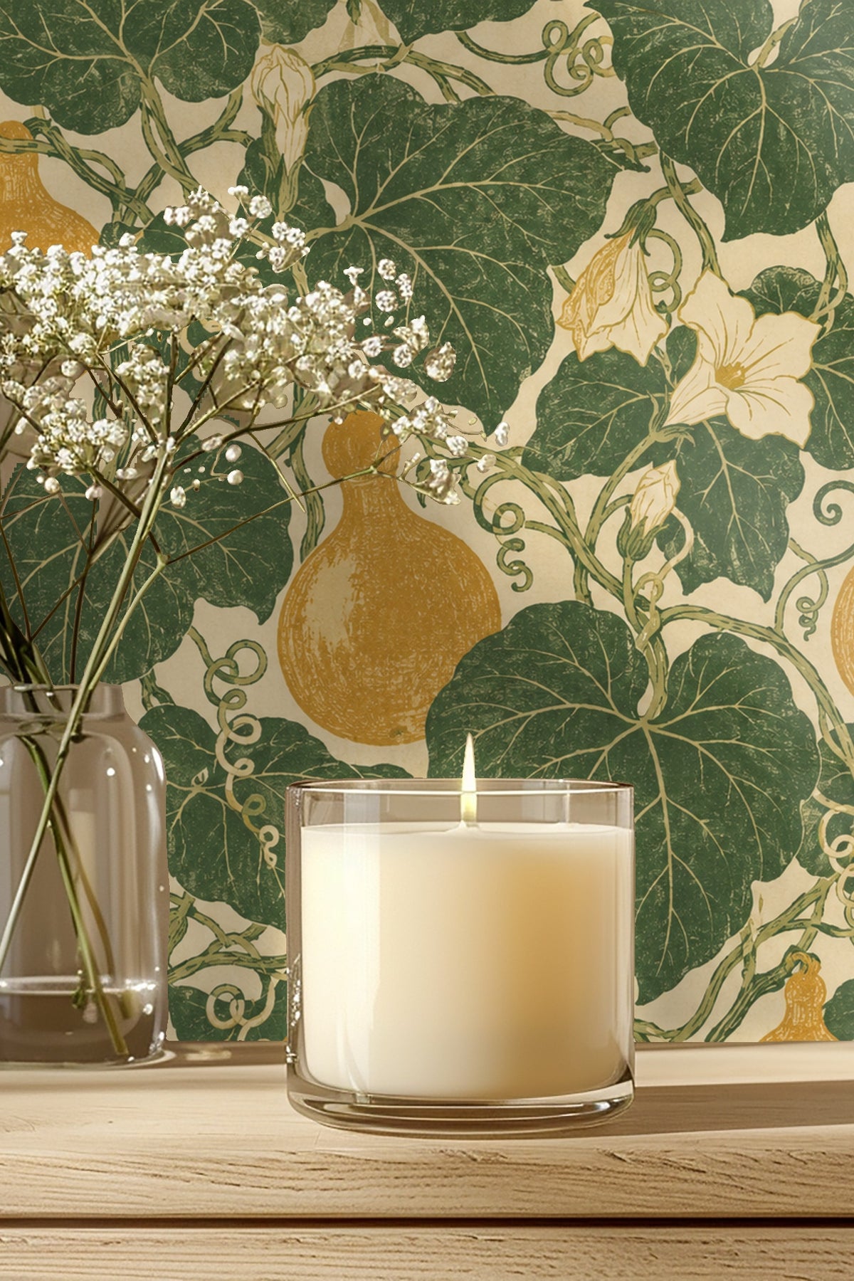 Wallpaper close-up showing stylized golden gourds, green leaves, and cream flowers on a neutral background.