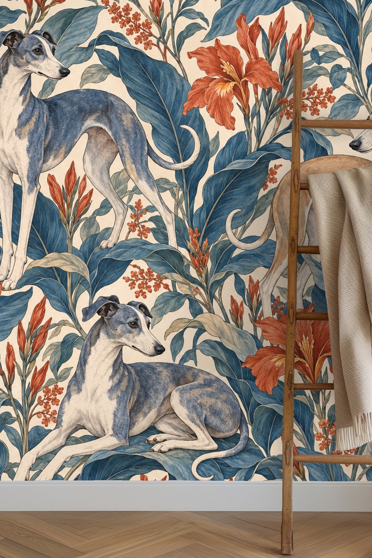 Detailed view of the Azure Canna Whippets wallpaper showing two whippets and blue leaves with orange canna lilies