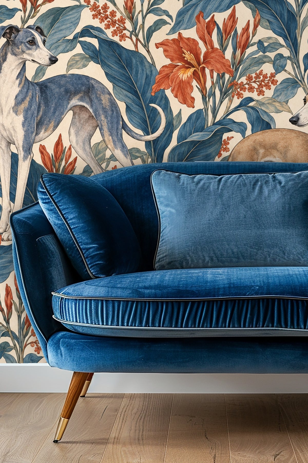 Azure Canna Whippets wallpaper in a room with a wooden ladder and a beige blanket