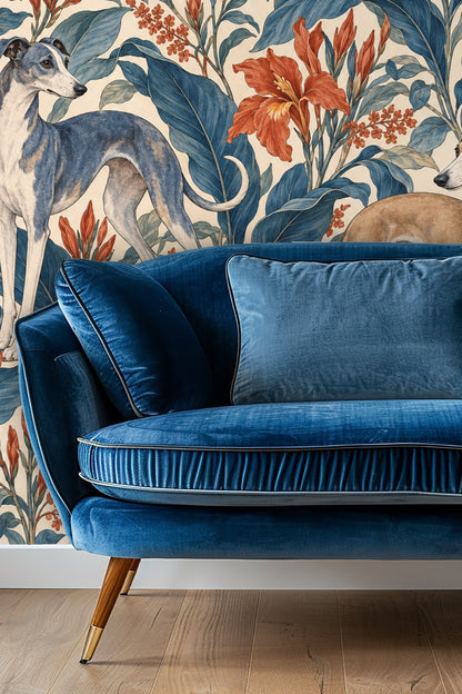 Azure Canna Whippets wallpaper in a room with a wooden ladder and a beige blanket