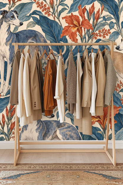 Pattern detail showing the orange canna flowers and blue leaves