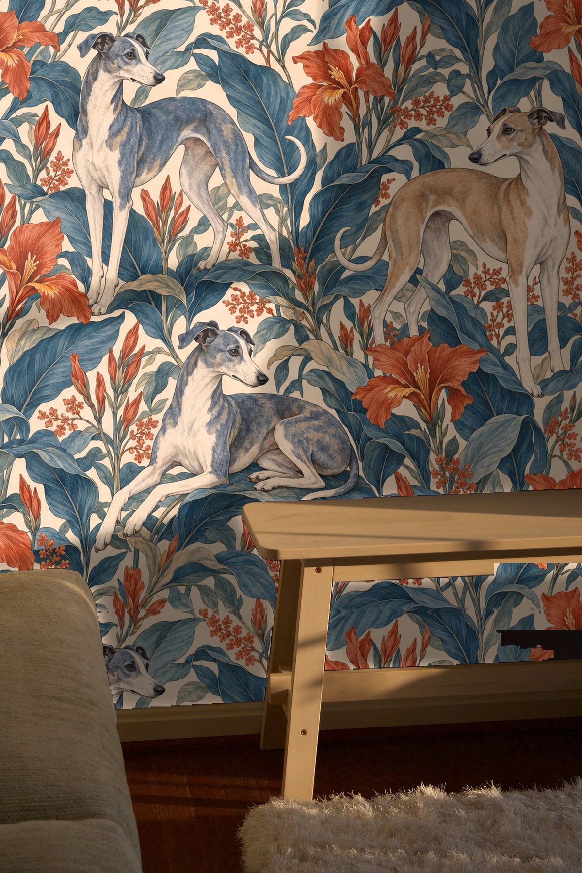 Large leaves and blossoms in the wallpaper design with delicate shading