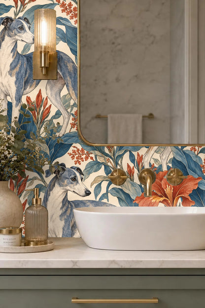 Blue foliage and terracotta flowers surround a whippet lying down