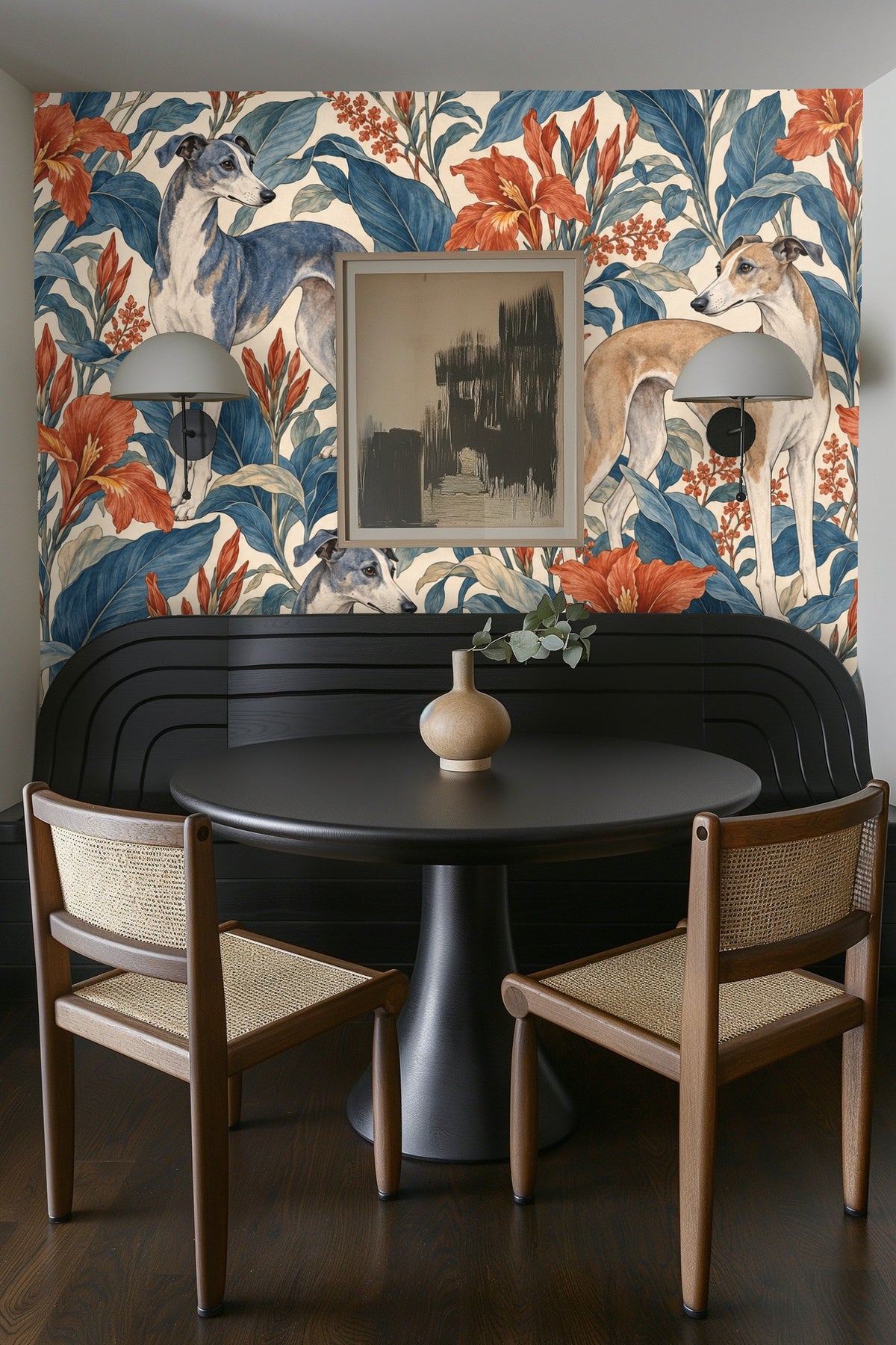 Partial view of the whippet and flowers indicating scale of the wallpaper