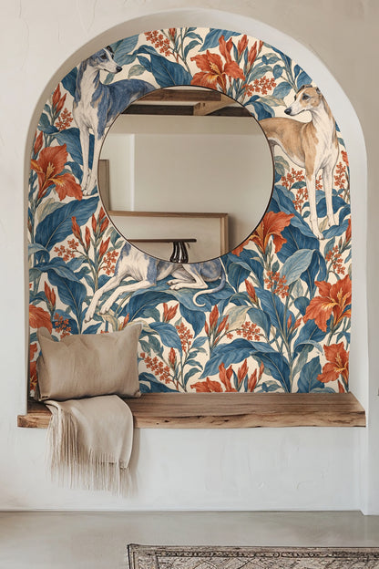 Azure-toned large leaves mixed with orange floral accents