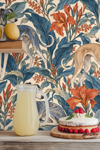 Whippet standing among botanical elements in the wallpaper