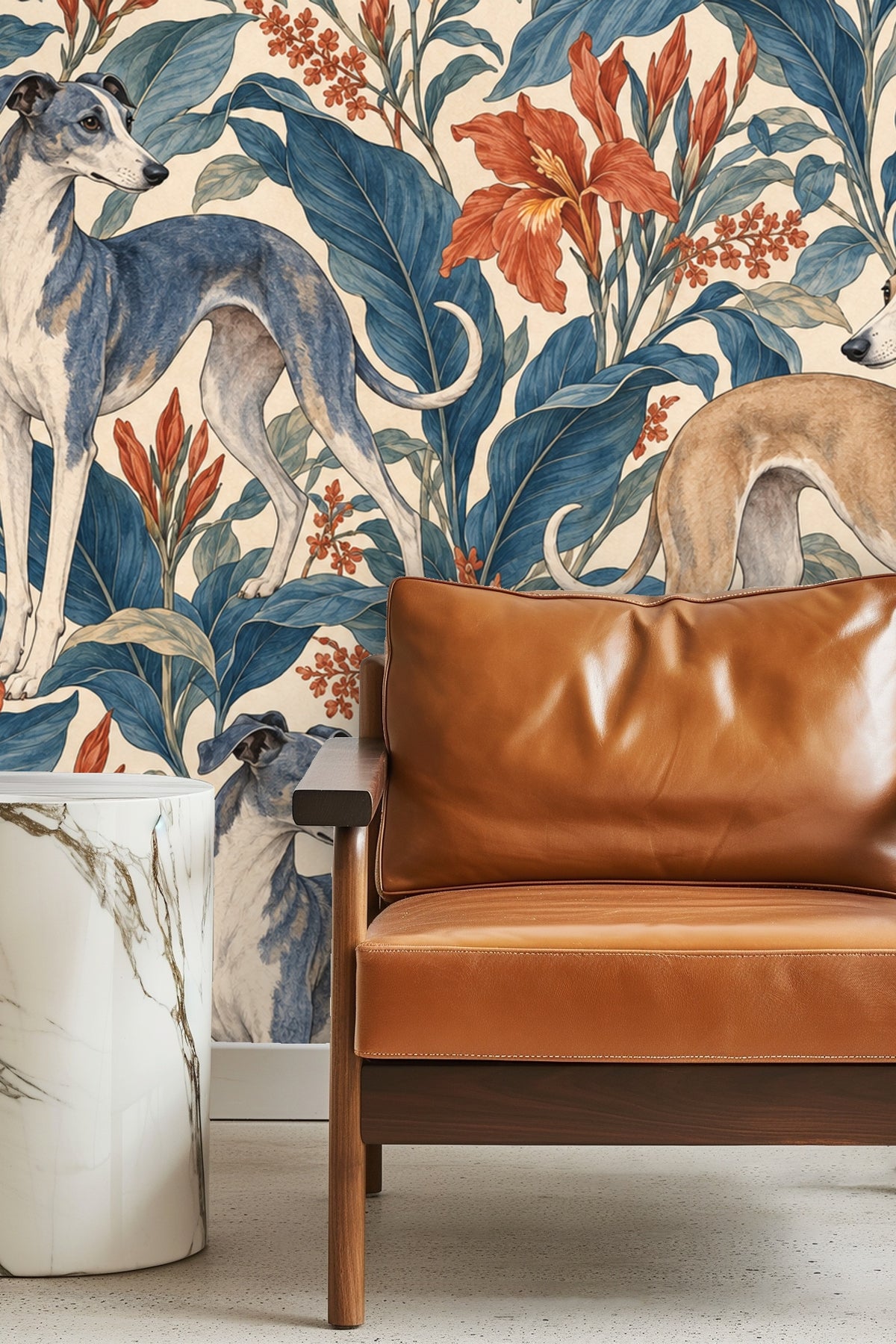 Three whippets positioned among the foliage in the wallpaper design