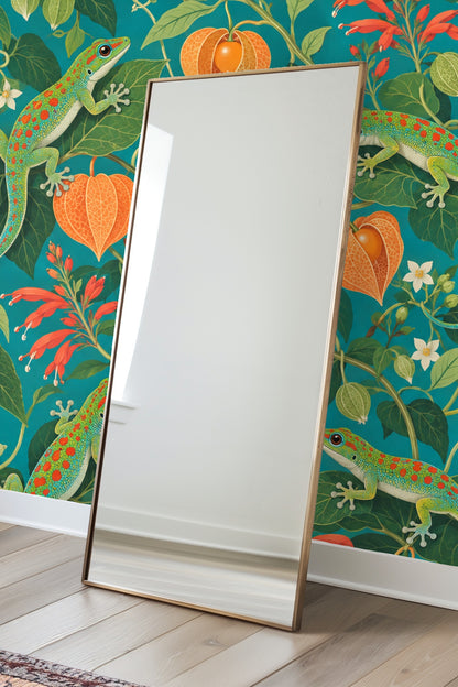 Wallpaper detail with bright orange lantern flowers and green leaves