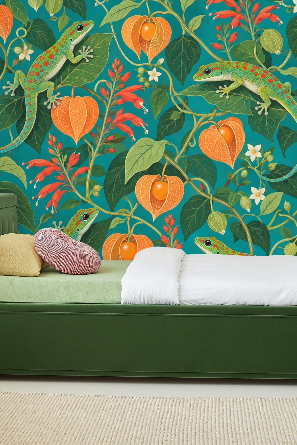 Wallpaper close-up of green geckos with coral gooseberry fruits on deep teal background