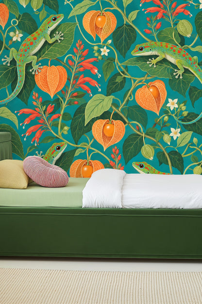 Wallpaper close-up of green geckos with coral gooseberry fruits on deep teal background
