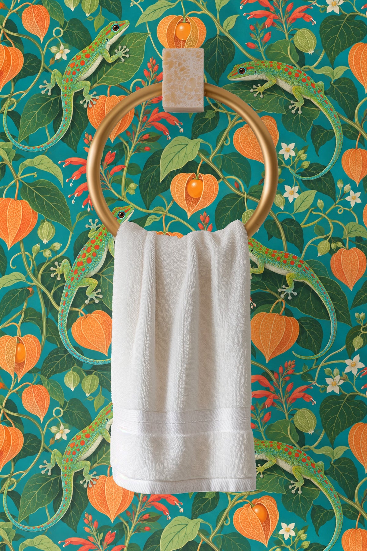 Detailed botanical design featuring small white flowers with orange gooseberry pods