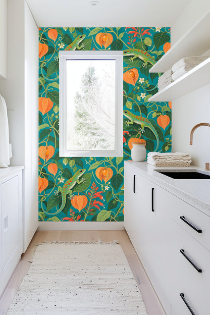 Close-up showing the patterned wallpaper texture with detailed gecko and foliage motifs