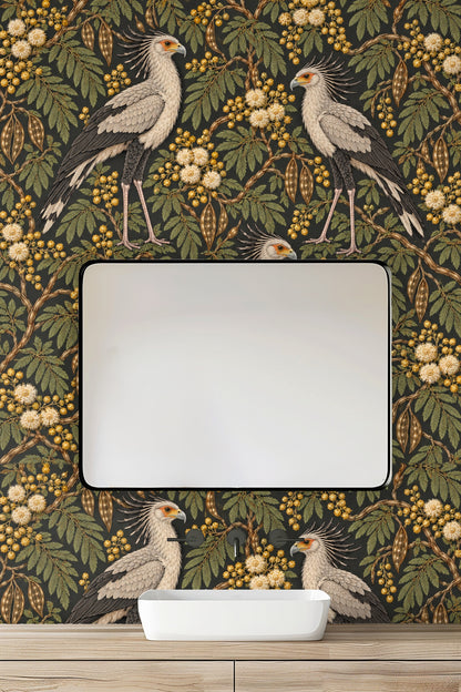Pattern repeat detail of Bronze Secretary Birds wallpaper showing three birds at different heights