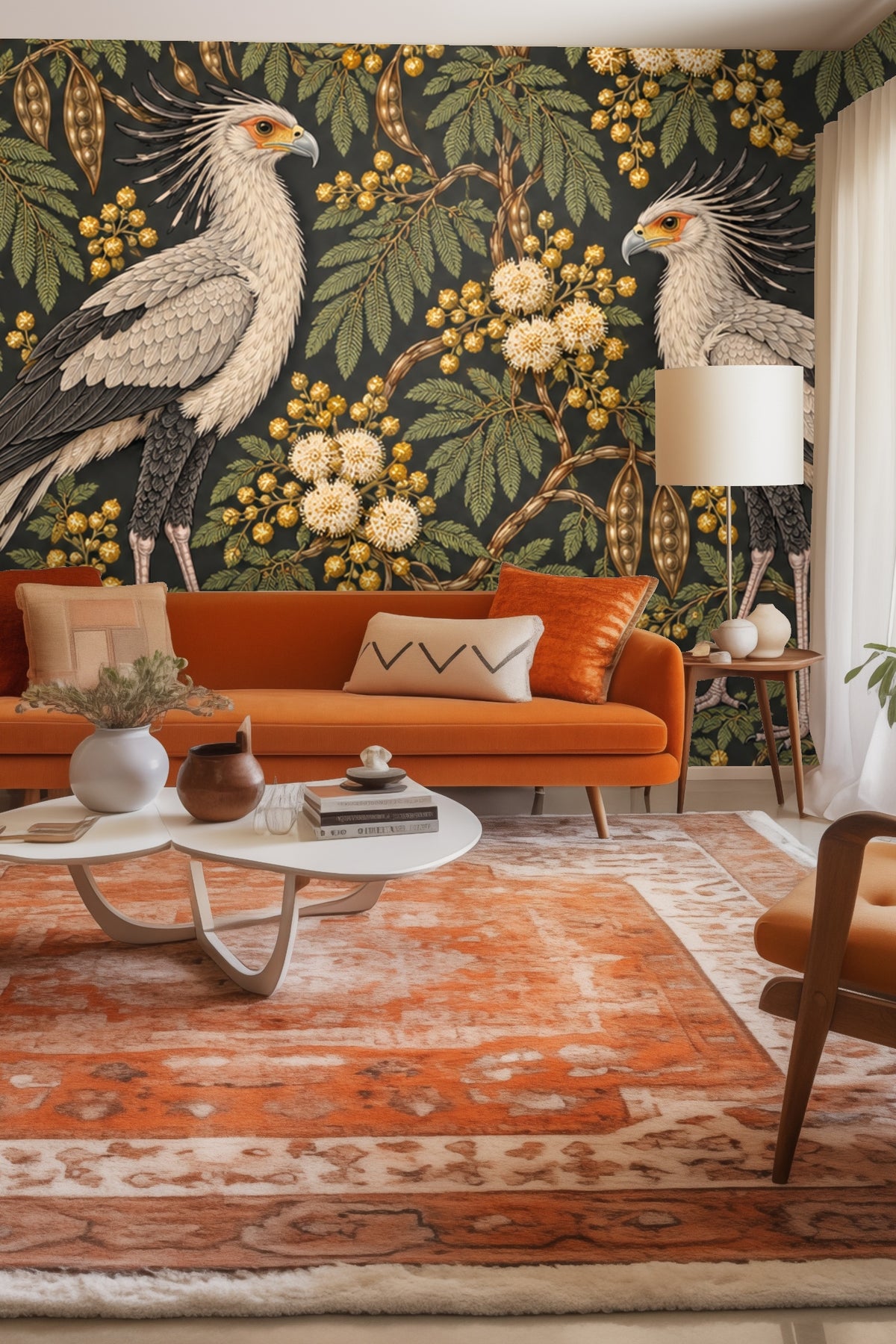 Close-up of Bronze Secretary Birds wallpaper artwork featuring detailed birds and botanical elements