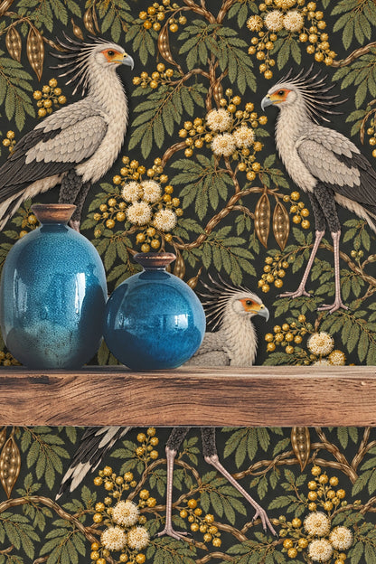 Detailed feather and floral texture in Bronze Secretary Birds wallpaper showing botanical pattern