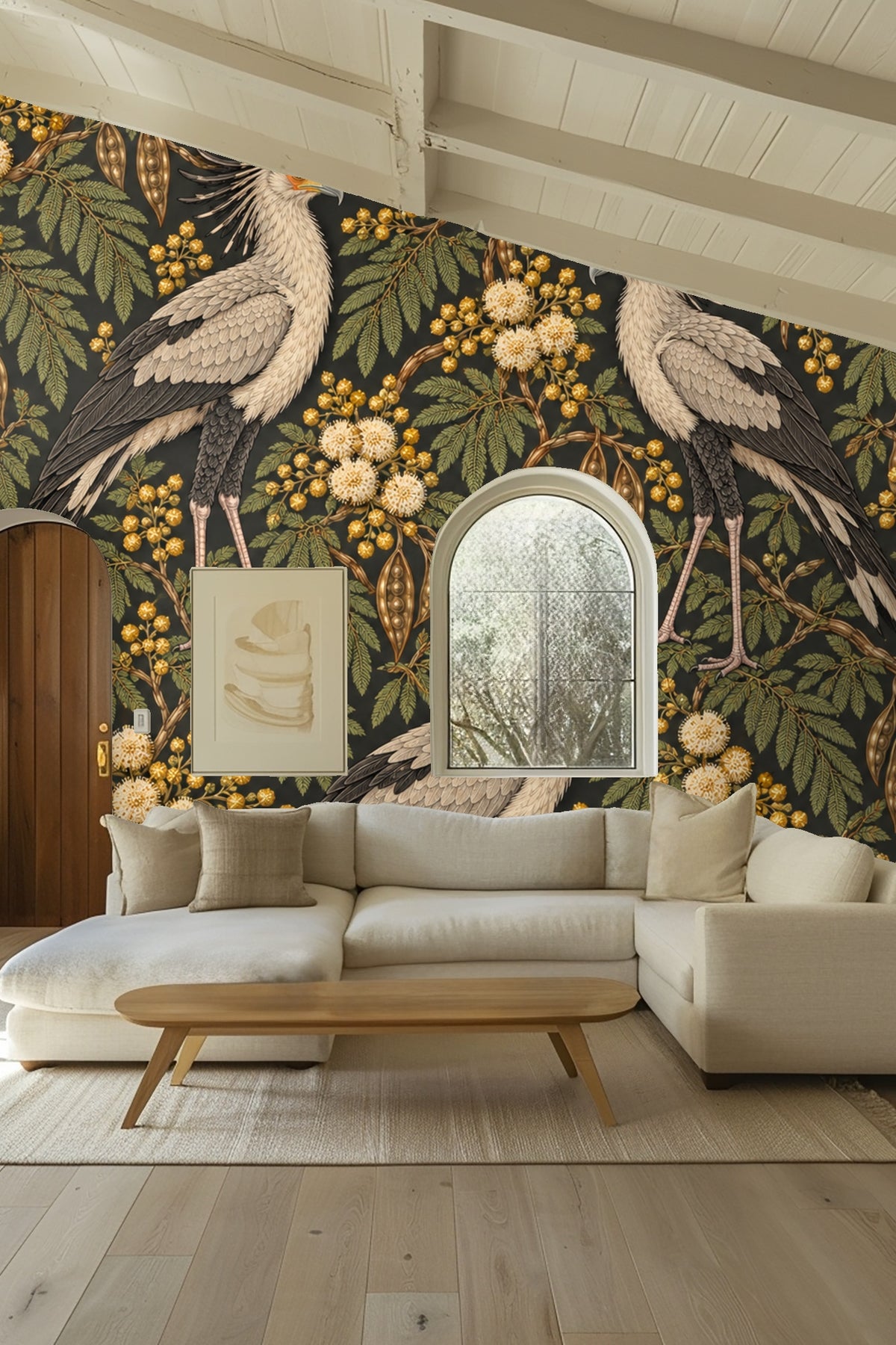 Illustrative branch and foliage detail with botanical accuracy from Bronze Secretary Birds wallpaper