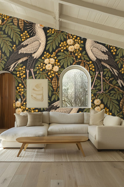 Illustrative branch and foliage detail with botanical accuracy from Bronze Secretary Birds wallpaper
