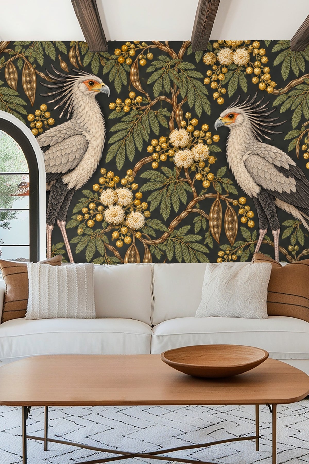 Soft neutral bedroom with Bronze Secretary Birds wallpaper behind bed and warm natural decor