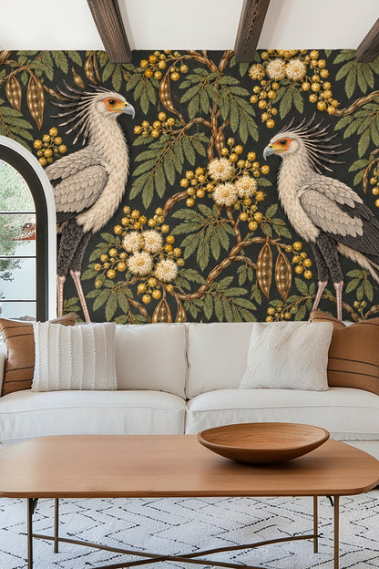 Soft neutral bedroom with Bronze Secretary Birds wallpaper behind bed and warm natural decor