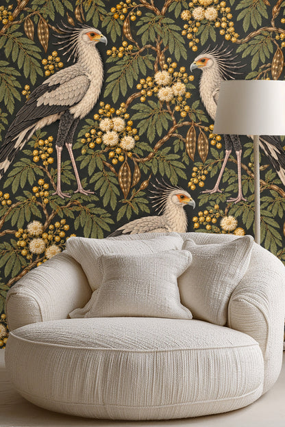 Golden botanical pods and clusters on dark background from Bronze Secretary Birds wallpaper