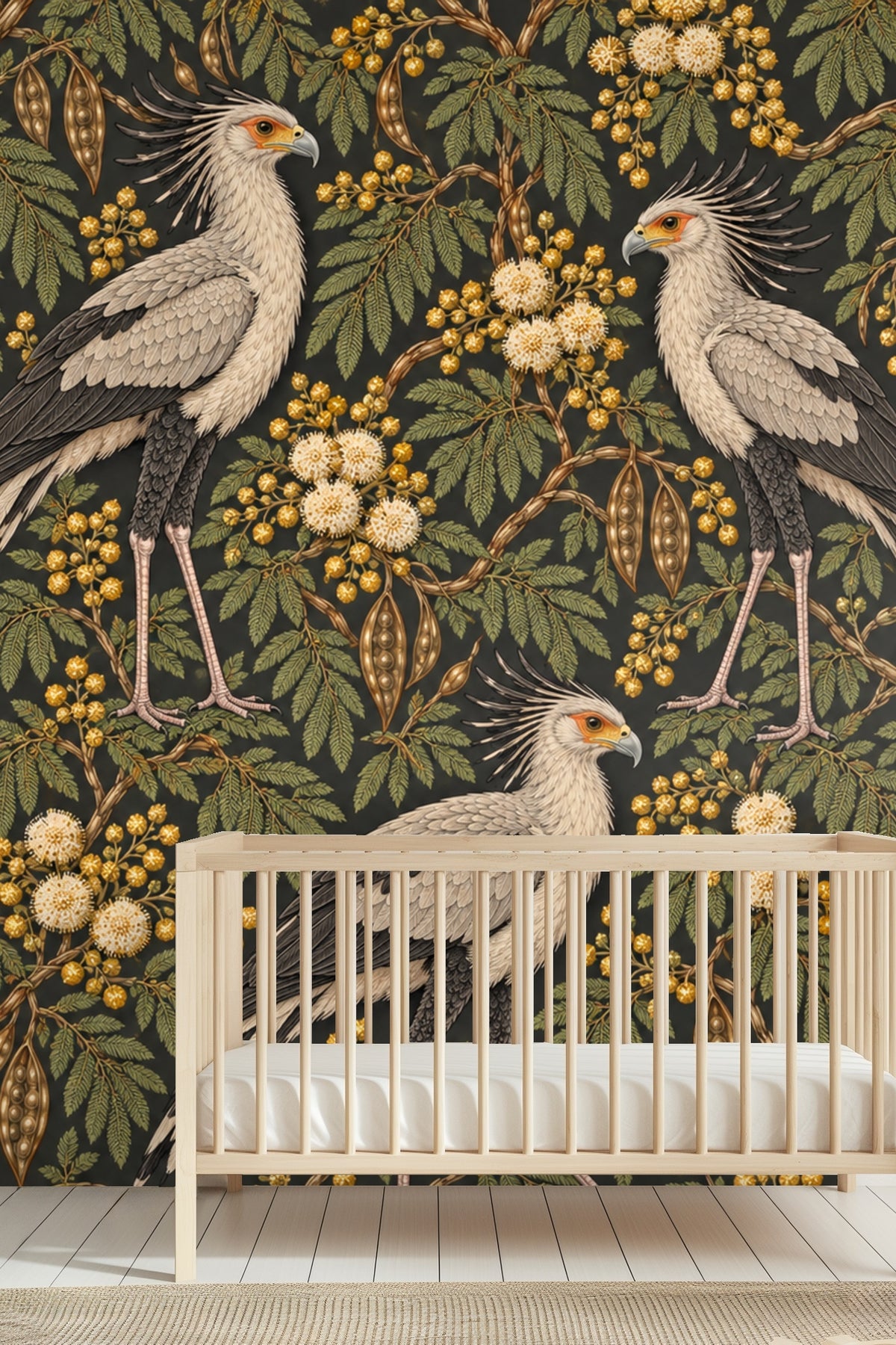 Artistic wallpaper design showing naturalist style bird motif and leaf patterns
