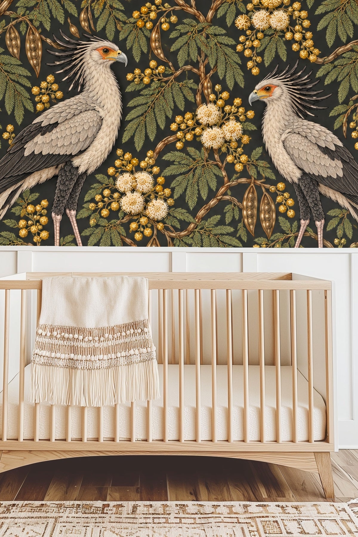 Living room corner wall with orange sofa and lamp in front of Bronze Secretary Birds wallpaper