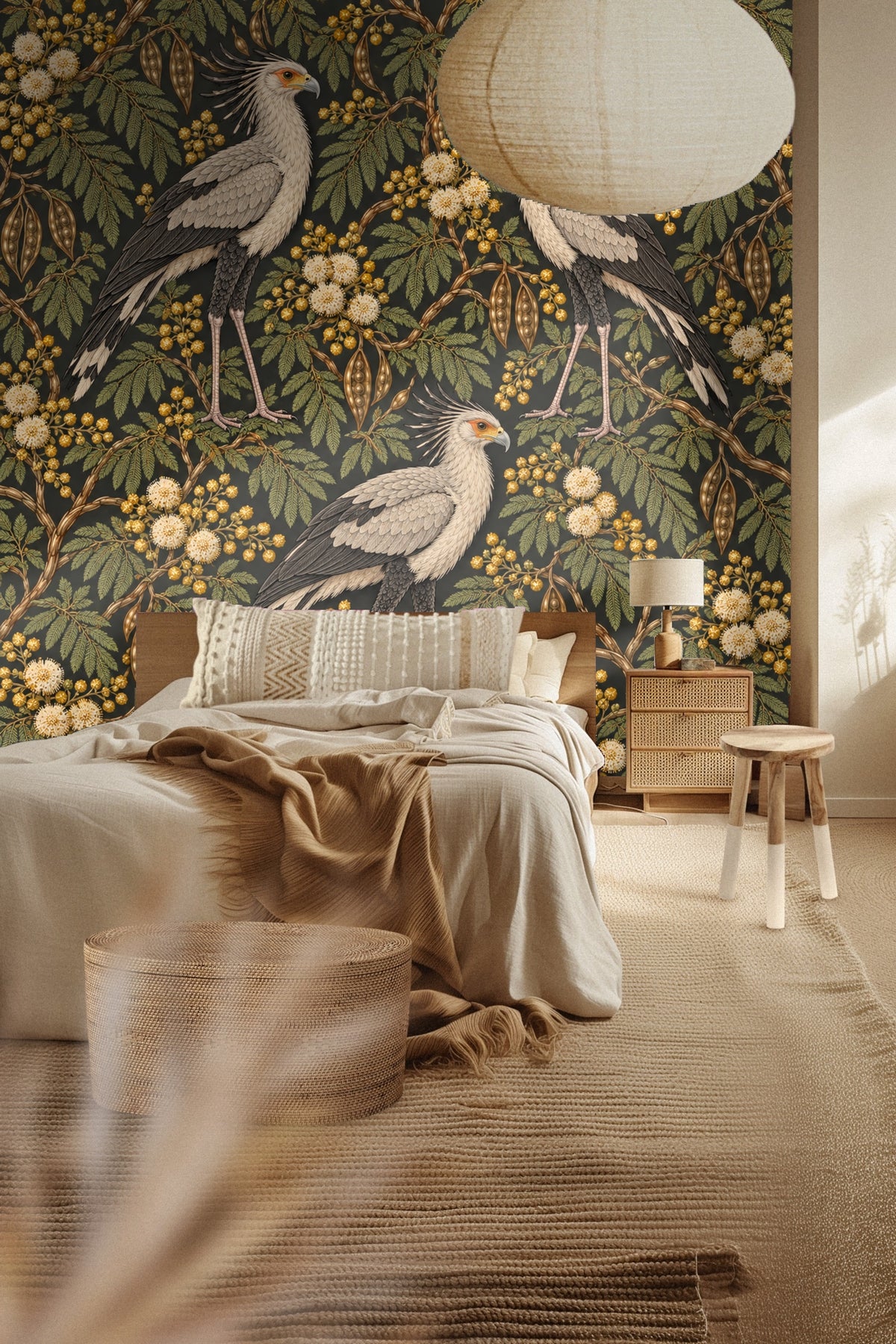 Living room with Bronze Secretary Birds wallpaper creating a bold feature wall behind an orange couch