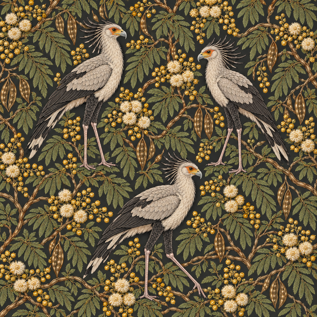 Decorative wallpaper showcasing a trio of secretary birds framed by tropical foliage