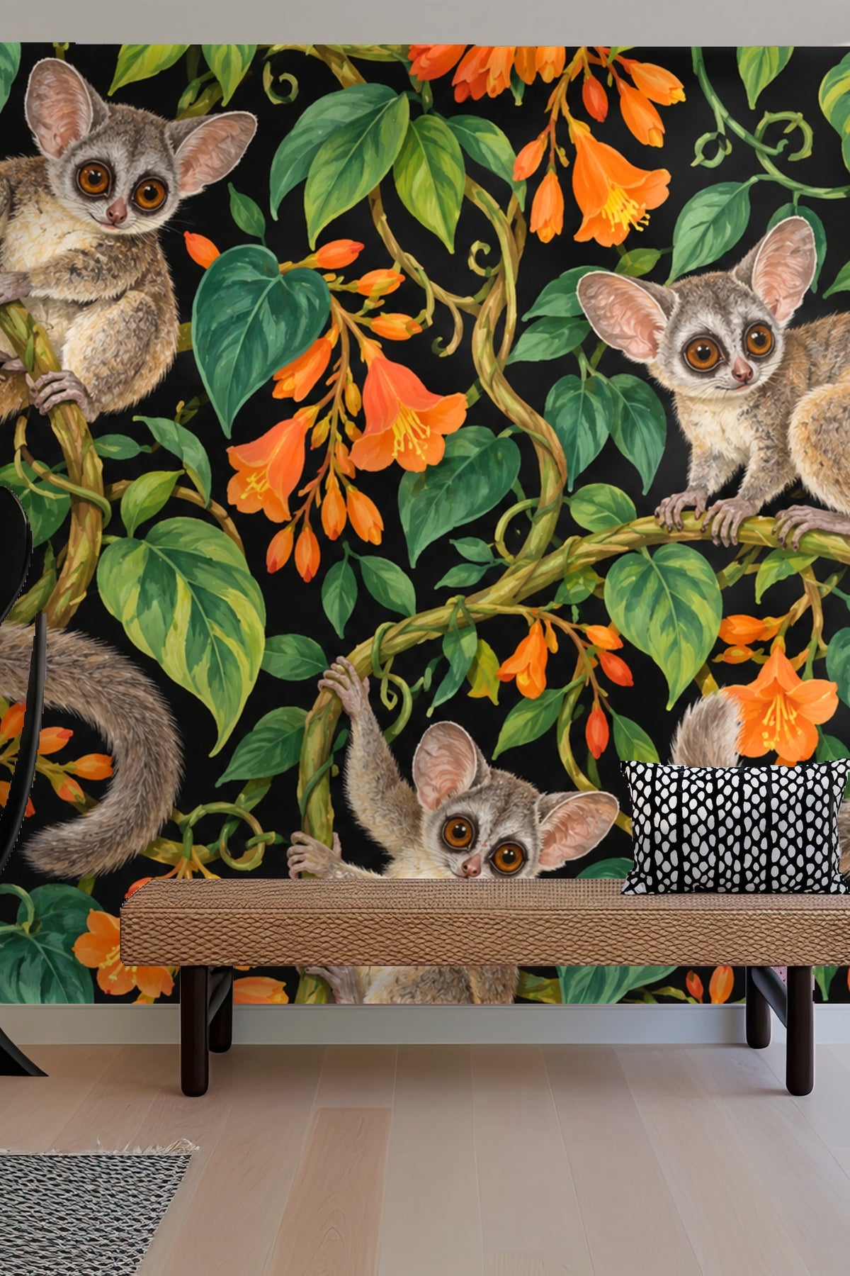 Pattern repetition showing the naturalistic arrangement of galagos and vine leaves in a dense composition.