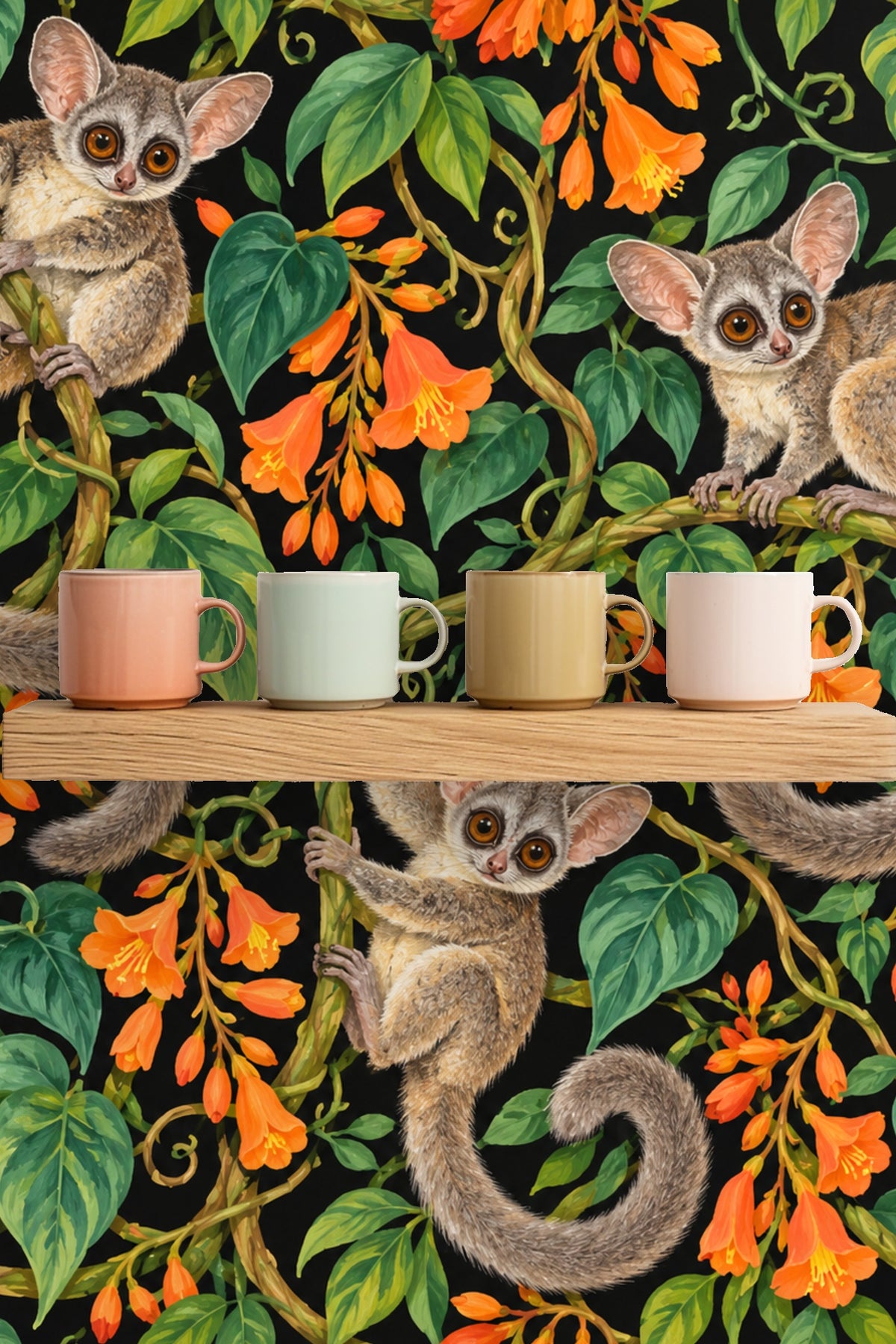 A trio of galagos playfully positioned on curling vines filled with heart-shaped leaves and clusters of bright orange flowers.