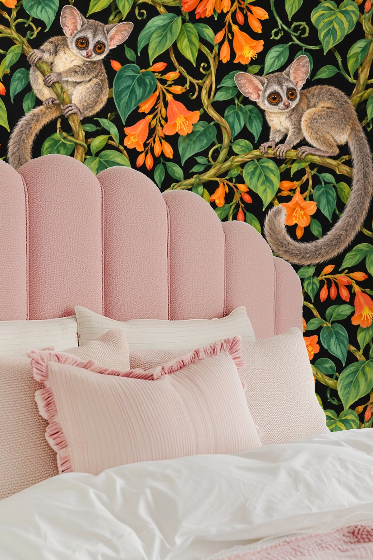 Black background providing bold contrast and depth to the colorful natural elements in the pattern.